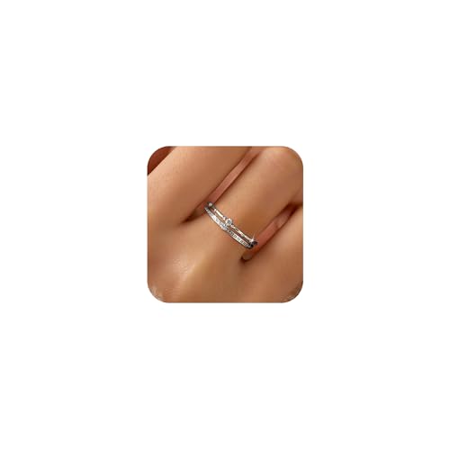 LOVECOM S925 Sterling Silver Crown Layered Rings for Women 14k Gold Plated Dainty Cubic Zirconia Wedding Band Eternity Promise Ring Jewelry Birthday Gifts for Her Mom to My Daughter