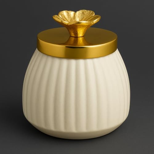 Image of Premium Metal Decorative Jar with Golden Brass Knob | Elegant Tabletop Storage Jar for Kitchen & Home Decor | 4 Inch Wide | Luxury Modern Design (White & Gold)
