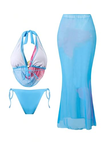 Image of ZAFUL Women's 3 Piece Floral Swimsuit Draped Neck Halter Bikini Tie Side Bathing Suit with Sheer Cover Up Skirt