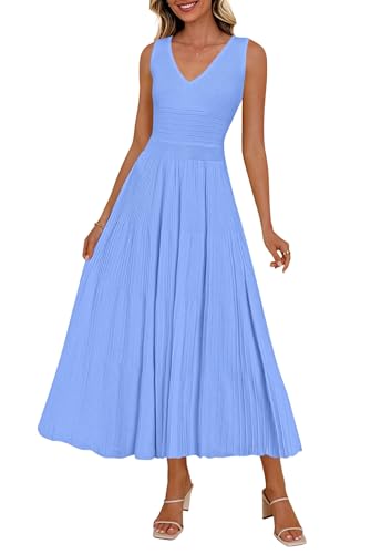 PRETTYGARDEN Summer Dresses for Women 2026 Spring Casual Sleeveless V Neck Pleated Midi Work Cocktail Wedding Guest Dress(Light Blue,Large)