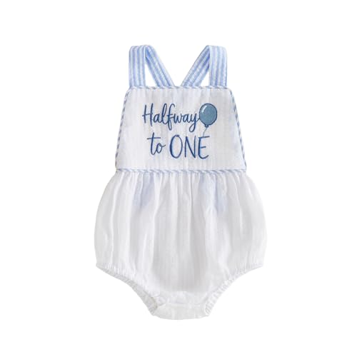 Lamuusaa Half Birthday Outfit Baby Boy Girl Half Way to One Balloon Romper Sleeveless Backless Bodysuit Cake Smash Outfit (Blue 6-12 Months)