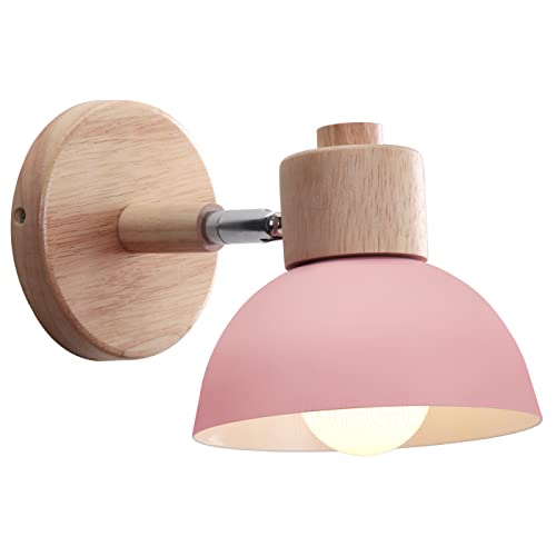 iDEGU Lampada da Parete Retrò Vintage Applique da Parete Interno in Metallo e Legno Moderne Lampada a Muro Orientabile E27 Luce da Camera da Letto Soggiorno (1 Pezzo, Rosa)