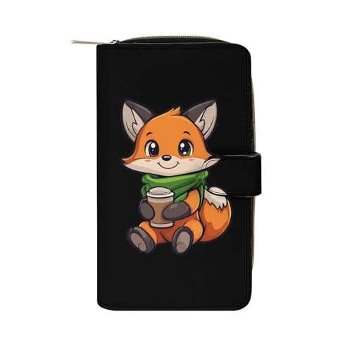 Cute Fox Drinking Coffee Long Wallet for Women Men Purses Coin Pouch Credit Card Holder Organizer