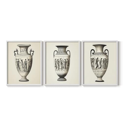 Renditions Gallery Set of 3 Peel & Stick Framed Prints, Greek Life Abstract Wall Art, Ritual Pottery Narrative Wall Decor, Re-Stickable - Ready to Hang - 11"x14" - White Frame LT597