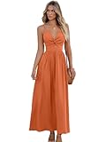 CUPSHE Women's Maxi Dresses V Neck Sleeveless Self Tie Back Twisted Pleated Casual Summer Dress Orange, M