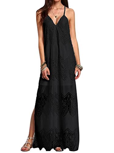 Minetom Langes Kleid Damen Kurzarm Floral Spitzenkleid V-Ausschnitt...