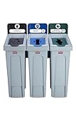 Rubbermaid Commercial Products Slim Jim Recyclingstation 3-fach Set Grau Deponie/Papier/Gemischtes Recycling – Modulares Abfalltrennsystem mit Farbcode & Belüftungskanälen – 2057606