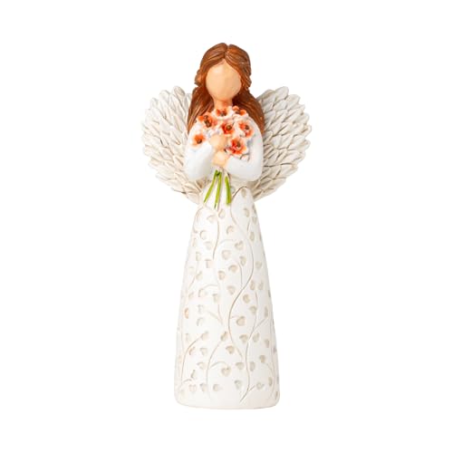 DEWLULU Hand-Painted Angel Figurine with Red Poppy, Remembrance Symbol & Tree of Life Design - Meaningful Gift for Memorial, Hope & Renewal. Angel Statue with Leaf Pattern Dress