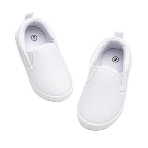 Image of Toddler Girl Boy White Canvas Sneaker Little Kids Comfortable Slip On Casual Walking Tennis Shoes Light Weight Running Shoes for Shcool