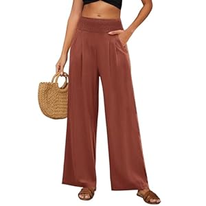 Leinenhose Damen Sommer Hose Weites Bein Baumwolle Leinen Sommerhose Lang Elastisch Hohe Taille Freizeithose Strandhose Leichte Loose Boho Hosen mit Taschen Bequeme Stoffhose