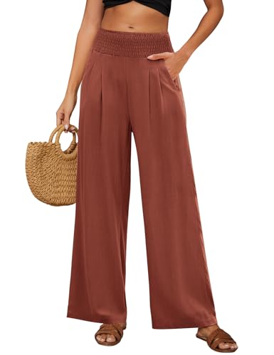 Niwicee Leinenhose Damen Sommer Baumwolle Leinen Hose High Waist Geradem Lose Casual Sommerhose mit Taschen Elastisch Hohe Taille Freizeithose Strandhose Lang Leichte (Dunkelrot, L)