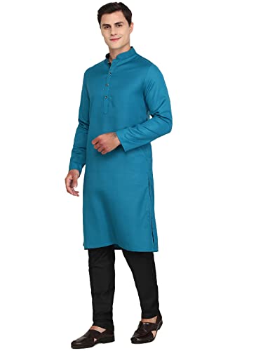 Image of Men's Silk Blend Peacock Blue Solid Kurta | Easy to Wear Ethnic Designer Kurta for Any Occasion