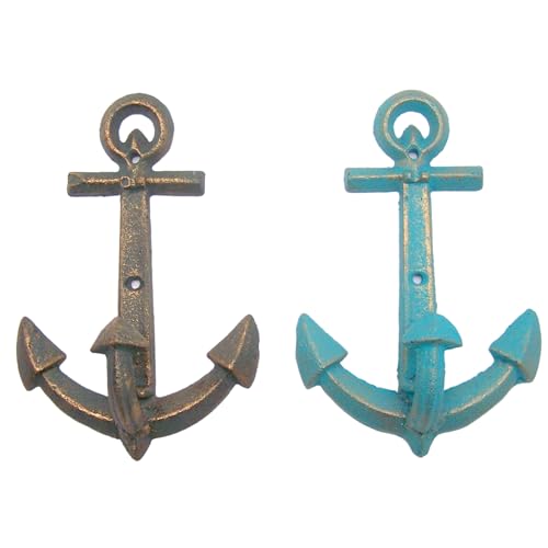 Wowser Distressed Blue and Green Anchor Wall Hooks, Set of 2, Coastal Interior Design, Wall Mounted Nautical Decor, 7.5 Inches