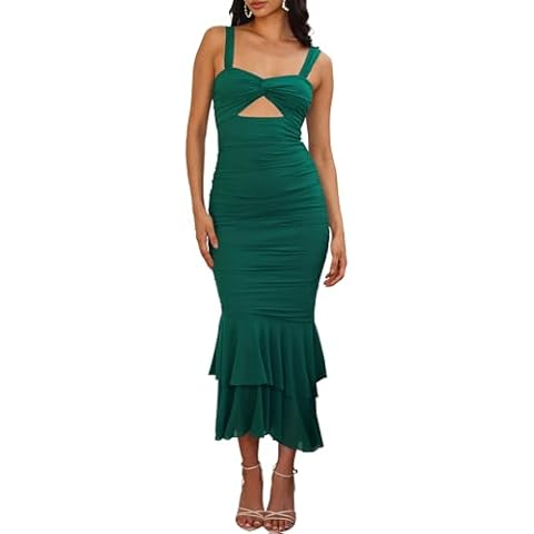 FOWSMON Women's Sexy Sleeveless Strap Midi Dresses Elegant Ruched Mesh Bodycon Long Maxi Dress Dark Green Cover