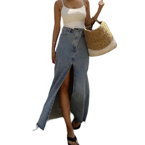 Trendy High Slit Denim Skirt for Women Asymmetric Zipper Frayed Raw Hem Vintage Maxi Jean Skirts