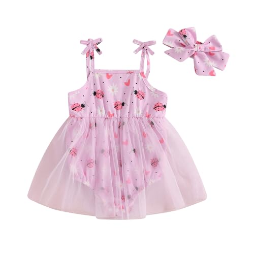 Image of Newborn Baby Girl Clothes Sleeveless Flower Tulle Patchwork Romper Dress with Bowknot Hairband Summer Outfits