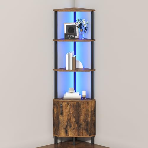 HOOBRO Corner Shelf with LED Light, Corner Cabinet with Storage and Doors, 5-Tier Industrial Narrow Bookshelf Display Rack, 59” Tall Standing Shelf, for Living Room, Kitchen, Rustic Brown BF147DCJ01