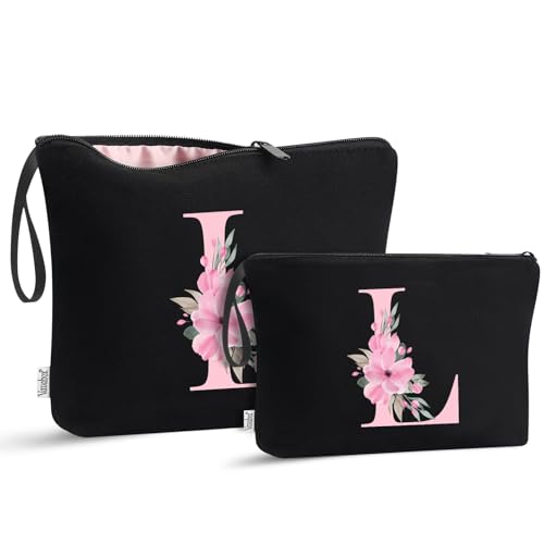 Image of Vavabox A-Z Personalized Makeup Bag, Birthday Gifts for Women Mom, Gifts for Best Friend, Bride Bridesmaid Cosmetic bag (L, 04-Black Set)