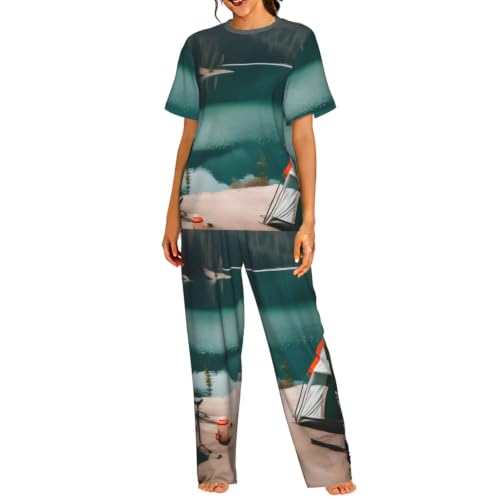 Pyjama manches courtes femme ultra doux imprimé camping respirant et léger