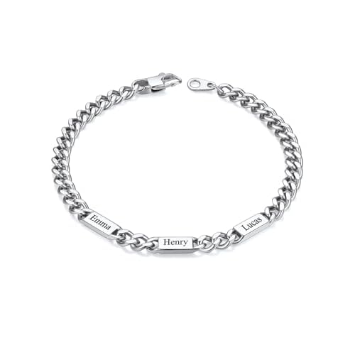 Custom4U Personalized Cuban Link Bracelet for Men, 5mm/7mm/9mm Width 1-6 Names Engraved Stainless Steel Customized Chain Silver Bracelet Jewelry Gifts