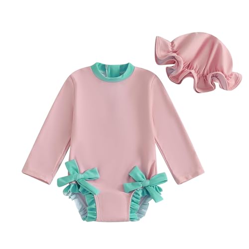 Traje de baño de manga larga con cremallera para bebé, traje de baño con gorro de sol, traje de baño para niñas, talla M (rosa, 6-12 meses)