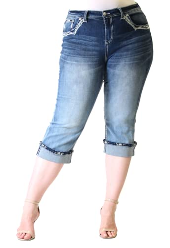 Grace in LA Mid Rise Easy Capri Cuffed Rhinestone Embellished Cropped Stretch Jeans2