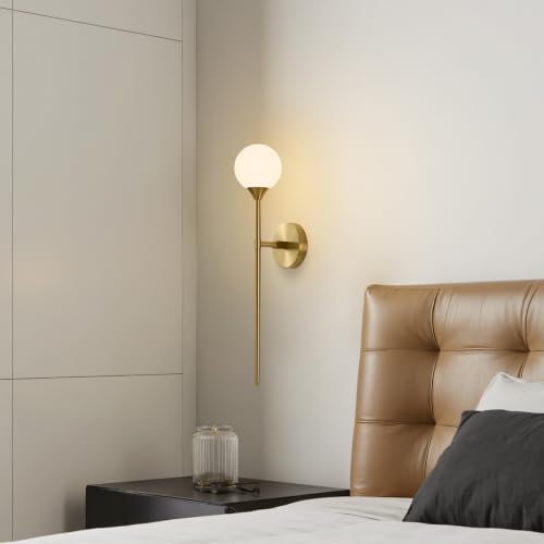Image of Single Gold Globe Glass Wall Sconce with Milk White Glass Shade