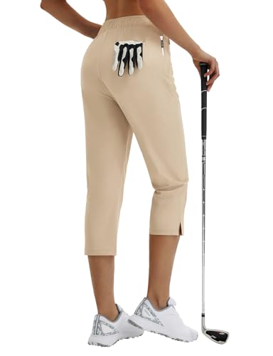 Image of baleaf 20'' Women Capris with Pockets Stretch Golf Work Dress Cropped Pants Straight Leg High Waisted Pull On Summer