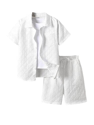 Image of GORGLITTER Boy's Summer Outfits Vacation Beach Linen Sets 2 Piece Sets Short Sleeve Button Down Shirts Top and Shorts