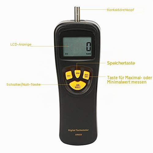 Digitaler Drehzahlmesser, LCD-Handheld-Kontaktdrehzahl Drehzahlmesser 0,5-19999 U/min, Hochpräziser Testerzähler mit Max/Min/LAST-Daten-Hintergrundbeleuchtungs-Haltefunktionen