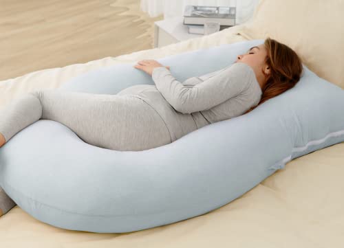 Momcozy Pregnancy Pillows For Sleeping, U Shaped Full Body Pillow 57 Inch For Pregnant Women With Back, Hip, Leg, Belly Support, Washable Jersey Cotton Cover Included, Light Blue #TOP2