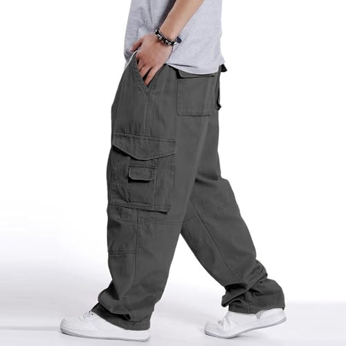 Men's Baggy Cargo Pants Cotton Elastic Waist Cargo Pants Twill Wide Leg Casual Loose Fit Trousers with Pocket4
