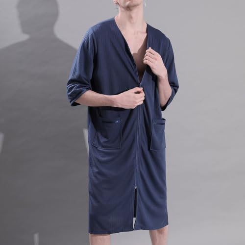 Men's Soft Pajamas Summer Robe Waffle Fall Long Zip Up 3/4 Sleeve House Cool Knee Length Loose Bathrobe3