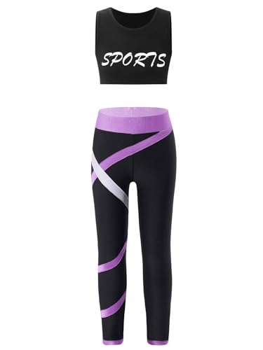 easyforever Kid Girls Crop Tops Racerback Tank Top And Gymnastics Leggings 2 Piece Dance Sports Clothes Set Black&Lavender 6 Years