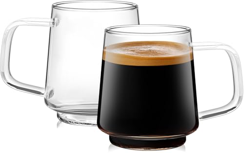 Aquach 16 Oz Glass Coffee Tea Cups, Clear Mugs with Handle, Microwave and Dishwasher safe Home Office Mug Perfect for Americano Latte Hot Beverages, 2-Pack