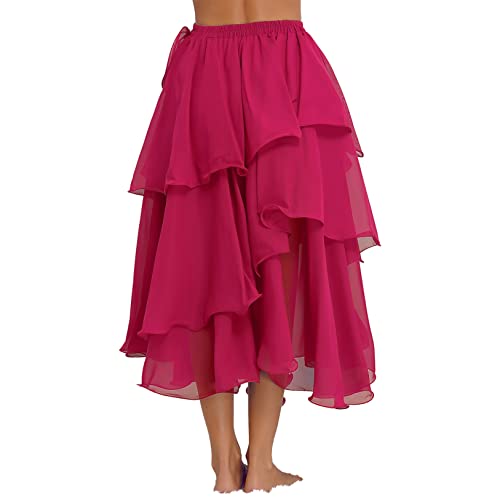 Hularka Women's Ruffle Layered Chiffon Belly Dance Skirt Tiered Long Skirt Ballroom Dance Costume Hot Pink One Size #TOP3
