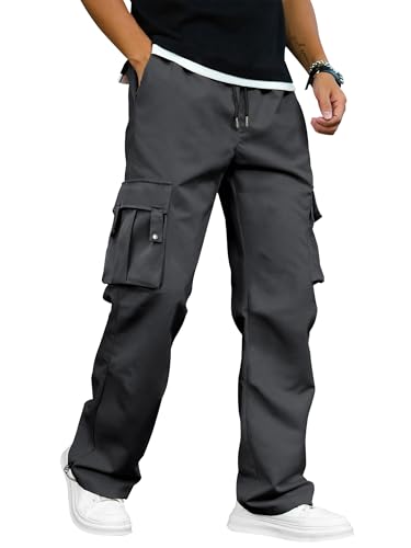 PLEPAN Men's Casual Cargo Pants with Drawstring Hems Elastic Waist Workout Pants Hiking Tactical Sweatpants Streetwear with Pockets Dark Gray XX-Large