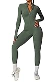 ECUPPER Women Long Sleeve Bodycon Jumpsuits Workout Zip Up Unitard One Piece Catsuit Full Bodysuit Sexy Yoga Rompers Pants Green S