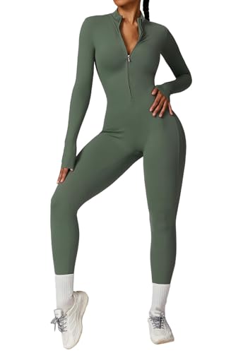 ECUPPER Women Long Sleeve Bodycon Jumpsuits Workout Zip Up Unitard One Piece Full Bodysuits Sexy Yoga Rompers Pants