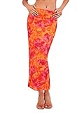 Milumia Women Boho Floral Print Pencil Skirt Mid Waist Vacation Bodycon Long Skirts Orange Large