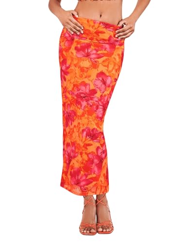 Milumia Women Boho Floral Maxi Skirt Going Out Mid Waist Vacation Bodycon Long Skirts