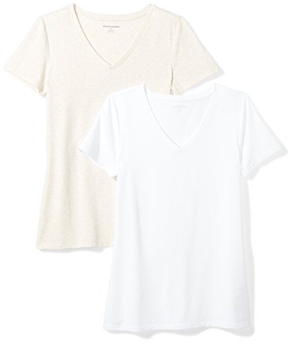 Amazon Essentials Women's 2-Pack Classic-Fit Short-Sleeve V-Neck T-Shirt, Oatmeal Heather/White, Large
