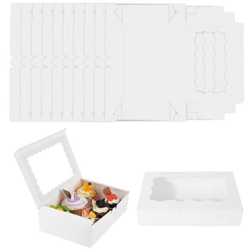 Sekfpnk Lot de 10 boîtes de transport pour cupcakes, boîtes à biscuits blanches avec fenêtre de visualisation, adaptées pour la pâtisserie, les biscuits, les cupcakes, les muffin (18 x 11 x 4 cm)
