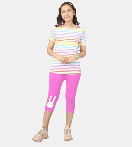 Image of KYDA KIDS Girls Cotton Printed Stretchable Capri Leggings (3 /4 th Pant) for Dance, Yoga, Running, Exercise, Pack of 2