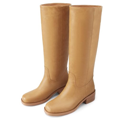 Women's Banana Knee High Boots Square Toe Chunky Block Heel Comfortable Low Heel Pull on Wide Calf Riding Long Boots for Women 102