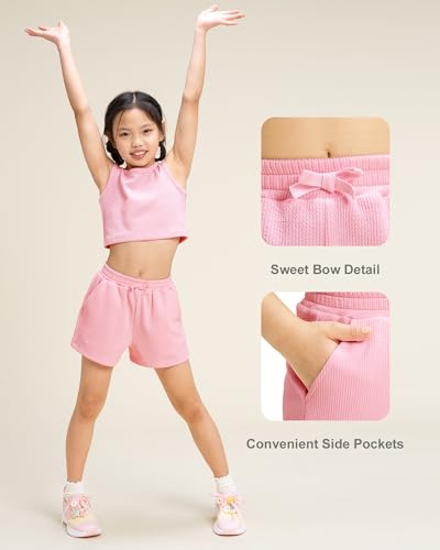 Image of Stelle Girls 2 Piece Outfits Tank Top and Shorts with Pockets 5-15 Years | Girls Ribbed Tops,Crop Tops,Scoop Neck,Sleeveless Tops,Elastic Waist Shorts,Bow Waist,Side Pockets