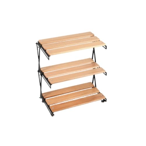 YAKINOアウトドアラック キャンプ オシャレ キッチン 3段 木製 卓上収納 天然木 3段 折りたたみ式 卓上収納 小物置き 組み立て簡単 (【鉄骨構造】-3層ログ)
