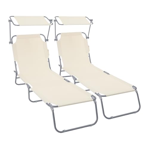 VOUNOT® Set di 2 Lettini Prendisole Pieghevole con Parasole, Sdraio da Spiaggia in Tessuto Poliestere Schienale Regolabile 4 Posizioni, Portata 120kg, per Giardino, Terrazza e Piscina, Beige