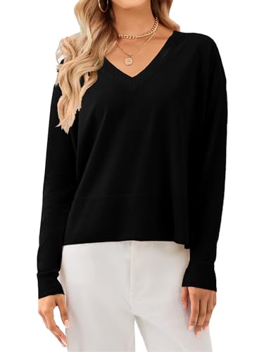 Image of S・DEER SDEER Women's V Neck Stripe Knit Tops Casual Long Sleeve Drop Shoulder Pullover Color Block Loose Fit Sweater Tops(Black,XL), X-Large