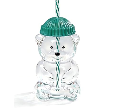 Image of New Glass Bear Straw Cup 600ML Cute Bear Glass Tumbler with Reusable Straw - Viral Animal Design for Smoothies, Boba & Iced Coffee (Green)